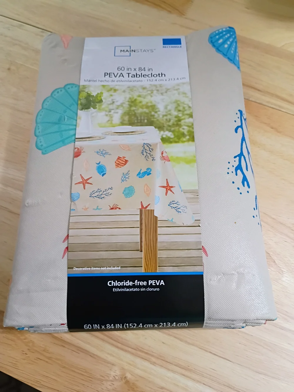 Mainstays PEVA Coastal Shell Tablecloth - Blue, Teal & Coral Accents